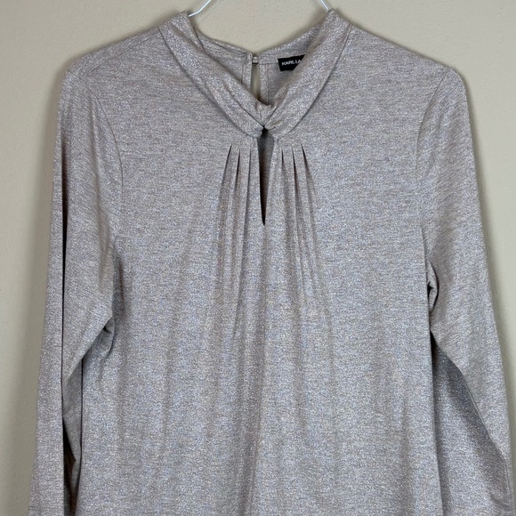 Karl Lagerfeld Paris Gold Shimmer Pleated Front/Keyhole Knit 3/4 Sleeve Pullover - Picture 2 of 10